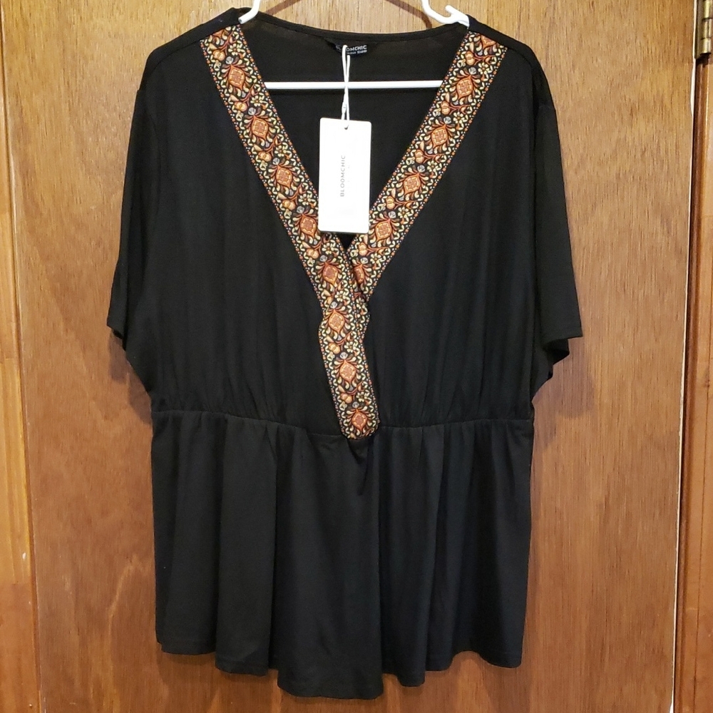 New BloomChic Elegant Black Top with Intricate Orange Ribbon Trim - Picture 1 of 9